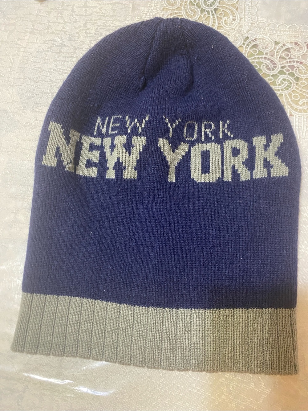 Navy "New York" Knit Beanie with out Gray Cuff Open to Offers